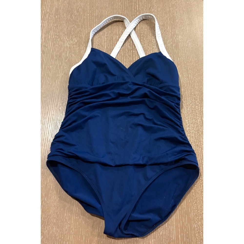 Lauren Ralph Lauren Blue Ribbed One-Piece Swimsuit with White Trim 14